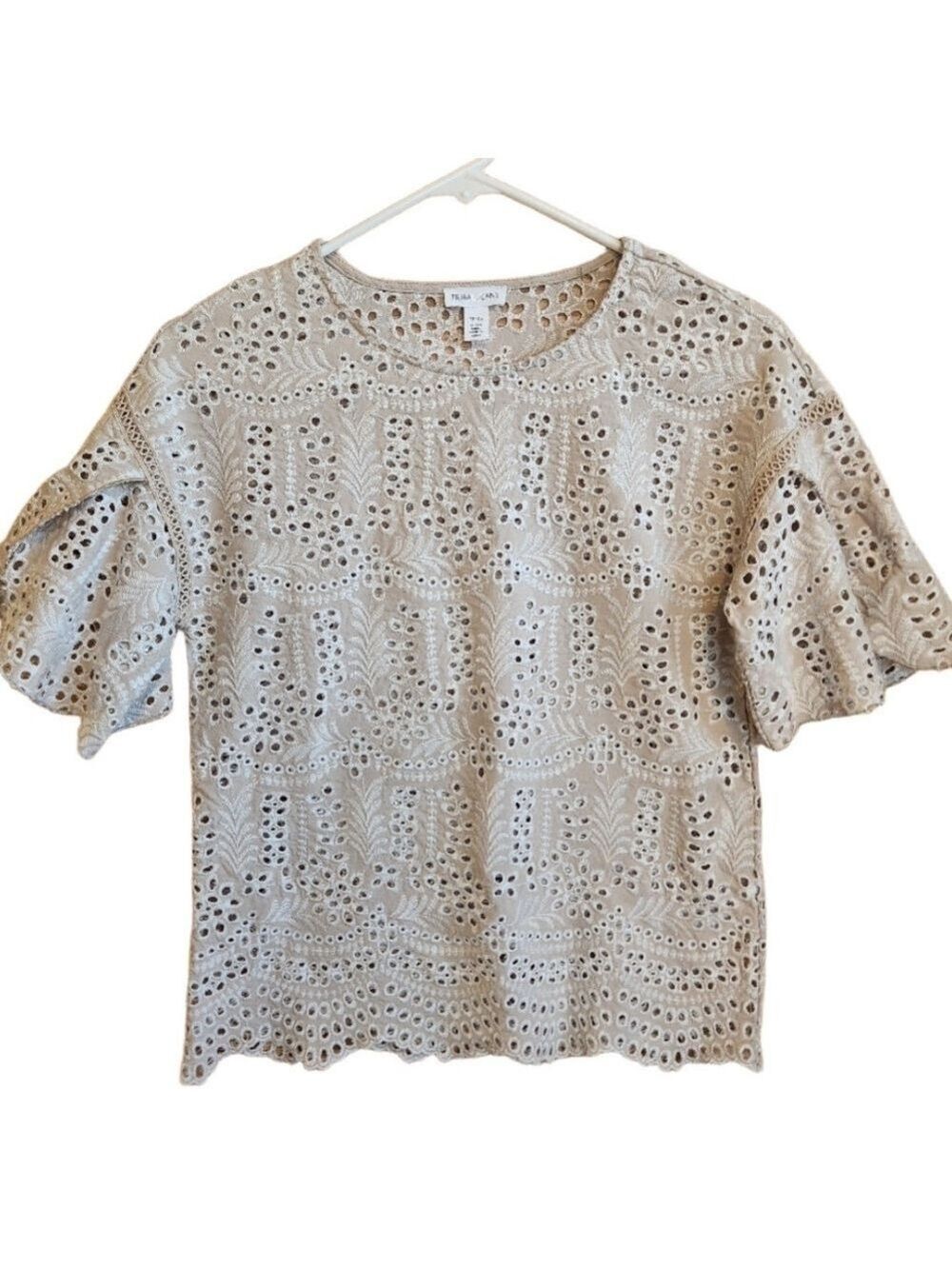 TRIBAL EMBROIDERED EYELET SPLIT SLEEVE SCALLOP BOTTOM TOP BLOUSE X-SMALL EUC